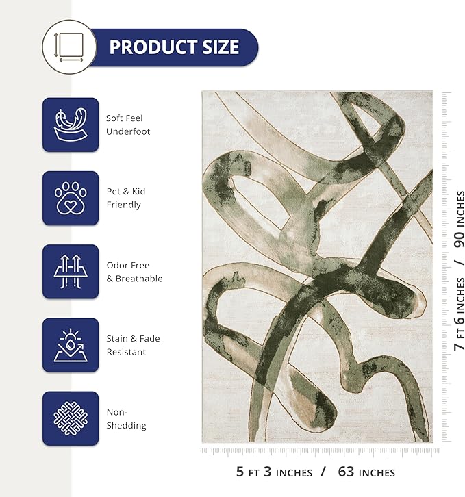Abani Beige Cream Green Graffiti Washable Area Rug – 5' x 8' – Abstract Artistic Design – Ivy Collection – Non-Shedding, Easy to Clean – Durable for High Traffic Areas – Living Room & Bedroom