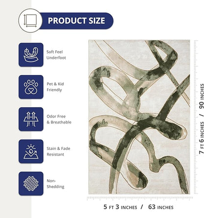 Abani Beige Cream Green Graffiti Washable Area Rug – 5' x 8' – Abstract Artistic Design – Ivy Collection – Non-Shedding, Easy to Clean – Durable for High Traffic Areas – Living Room & Bedroom