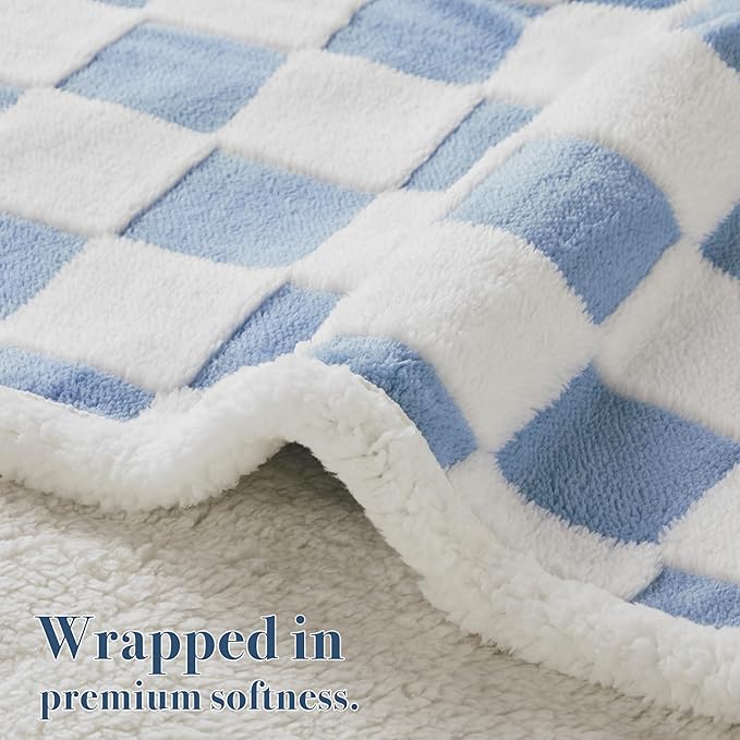 Checkered Dog Blanket, Blue Jacquard Sherpa Blankets for Small Dog and Cats, Cute Aesthetic Style Fluffy Fleece Pets Blanket for Couch Protection Washable, 40"x50"