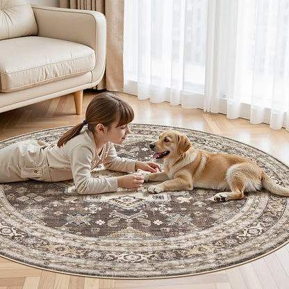 5ft Round Vintage Living Room Area Rug - 5x5 Large Soft Washable Oriental Traditional Distressed Farmhouse Rugs for Bedroom - Indoor Floor Accent Carpet for Home Office House Decor - Dark Brown