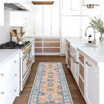 Fame Living Modern Oushak Runner Rug, Vintage, Turkish, Eclectic, Floral, Pastel, Washable, Small Throw Rugs, Short Runner for Hallway, Entryway, Laundry, Foyer, Bedroom, Kitchen, Bathroom, 2'5"x6'5"