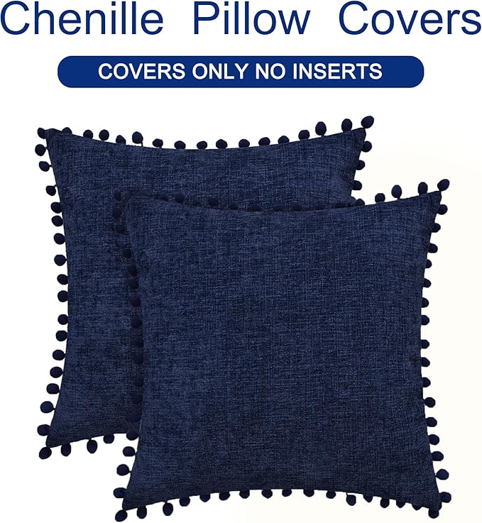 CaliTime Throw Pillow Covers Decorative 16 X 16 Inches Pack of 2 Cozy Solid Dyed Soft Chenille Cushion Cases with Pom Poms for Couch Sofa Bed Living Room Home Navy Blue