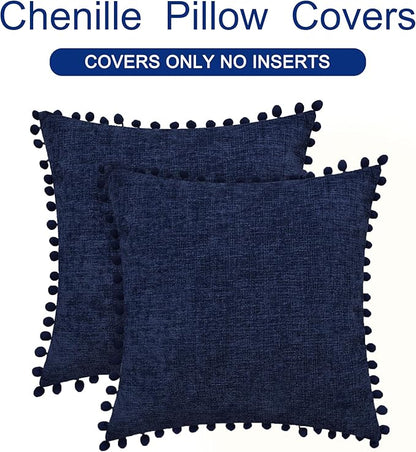 CaliTime Throw Pillow Covers Decorative 16 X 16 Inches Pack of 2 Cozy Solid Dyed Soft Chenille Cushion Cases with Pom Poms for Couch Sofa Bed Living Room Home Navy Blue
