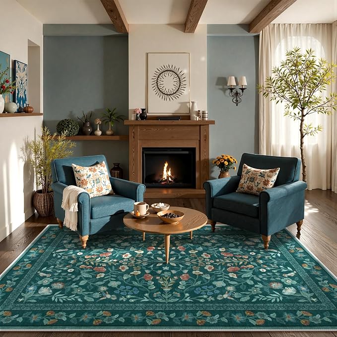 Lahome Floral Washable Area Rugs 8x10, Non-Slip Living Room Carpet Soft Tumble Washable Rugs for Bedroom Nursery, Vintage Botanical Print Carpet for Classroom Kids Room, Dark Green