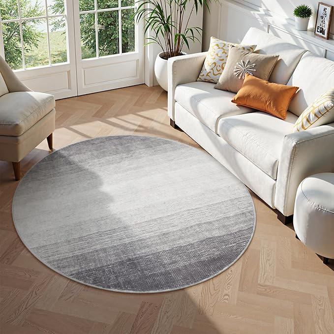 Wonnitar Modern Ombre Round Rug 4ft, Washable Grey Round Kitchen Area Rug Non-Slip Soft Circle Entry Throw Mat, Contemporary Non-Shedding Low Pile Carpet for Bedroom Laundry Bathroom (Grey, Round 4ft)