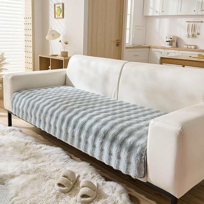 Faux Fur Couch Cover Fuzzy Soft Plush Thick Bubble Sofa Cover Luxury Sectional Couch Covers Luxury Anti-Slip Sofa Slipcover Washable Furniture Protector (Light Grey,36"x63")