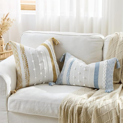 Boho Pillow Cover 18x18 Mustard Yellow - Handmade Woven Textured Throw Pillow Case with Cordings & Tassels, Decorative Accent for Couch Sofa Farmhouse Living Room Home Decor