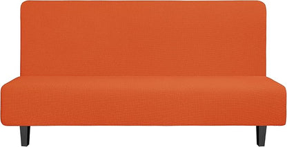 Easy-Going Stretch Futon Slipcover Armless Futon Bed Cover Furniture Protector Without Armrests with Elastic Bottom for Kids, Soft Jacquard Fabric Small Checks (Large, Orange)