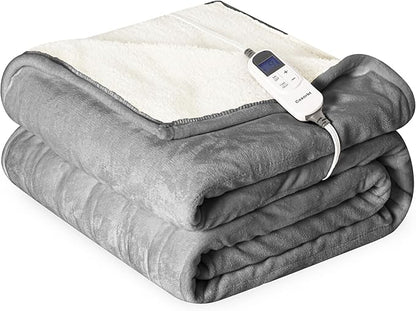 Heat Blanket 72”x84” Full Size,Soft Flannel & Sherpa Reversible Electric Blanket with 10 Heat Settings,12 Timer Setting and 8 Hours Auto-Shut Off,ETL Certified Machine Washable,Light Grey