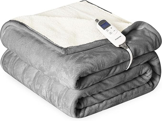 Heat Blanket 50”x60” Throw,Soft Flannel & Sherpa Reversible Electric Blanket with 10 Heat Settings,12 Timer Setting and 3 Hours Auto-Shut Off,ETL Certified Machine Washable,Light Grey