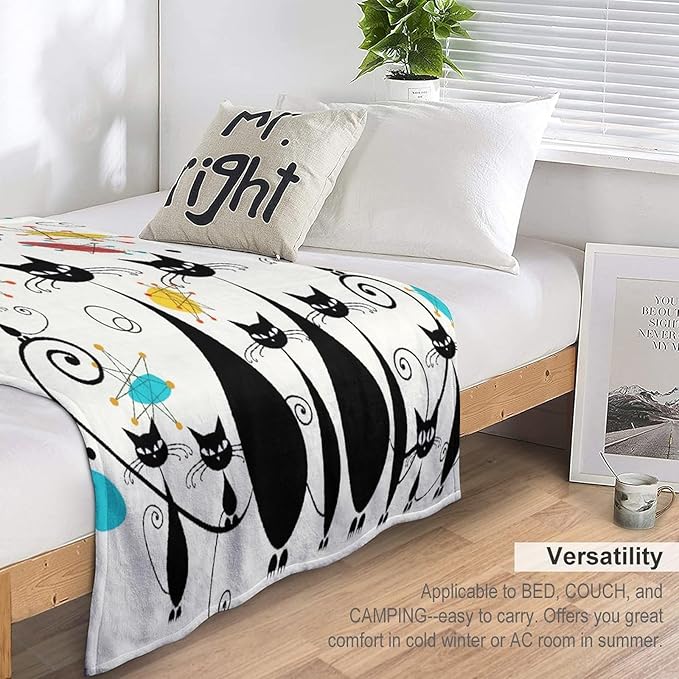 Mid Century Modern Throw Blanket, Atomic Black Cat Starbursts Iconic Sputnik Retro Abstract Geometric 1950s 1960s Throw for Adults Kids Pet, Beige Black 60"x80"