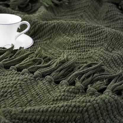 BATTILO HOME Olive Green Chenille Throw Blanket for Bed, Knit Throw Blanket,Super Soft Warm Home Decor Throw Blanket with Tassels for Couch,Sofa and Living Room,50" x 60"