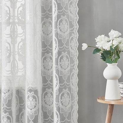 Bright White Vintage Country Floral Lace Sheer Curtains 96 Inches Long -Rod Pocket Light Filtering French Privacy Scalloped Edges Rod Pocket Boho Bedroom ，52 x 96 Inch, 2 Panels