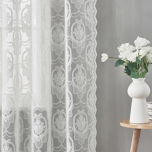 Bright White Vintage Country Floral Lace Sheer Curtains 63 Inches Long -Rod Pocket Light Filtering French Privacy Scalloped Edges Rod Pocket Boho Bedroom ，52 x 63 Inch, 2 Panels