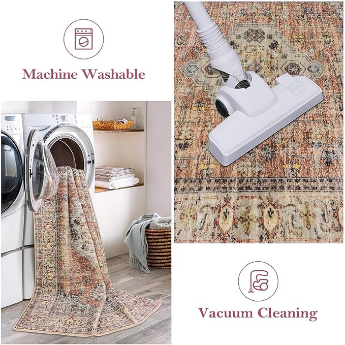 Lahome Oriental Washable Runner Rug, 2x6 Runner Rugs for Hallway Kitchen, Ultra-Thin Distressed Vintage Soft Long Carpet for Bathroom Bedroom Laundry Room, Peach/Orange