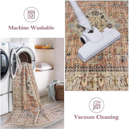 Lahome Oriental Kitchen Runners for Hallways, 2.5x12 Washable Runner Rug Non Slip, Soft Hallway Rug Distressed Ultra-Thin Long Carpet for Bathroom Entryway ‎Bedroom, Peach/Orange