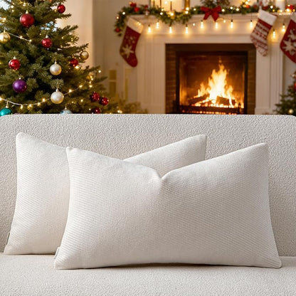 a moment Pack of 2 Decorative Christmas Chenille Throw Pillow Covers with Twill Cushion Covers for Sofa Living Room Couch Bed 12x20 Inch Raw White