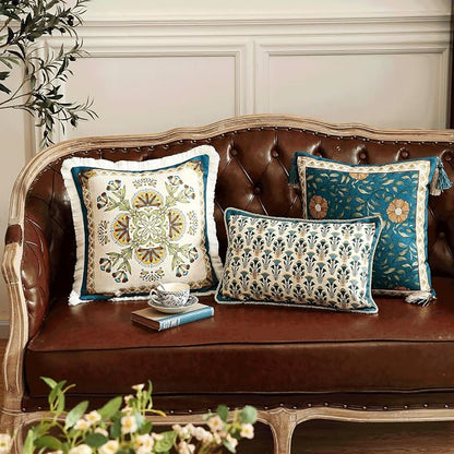 patdrea Designer Square Throw Pillow Covers,French Vintage Blue Farmhouse Linen Floral Pattern Pillow Cover,Decorative Pillowcases Cushion for Bed Living Room Outdoor Car,18"x18"