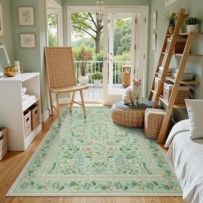 Lahome Floral 5x7 Washable Rug, Non Slip Soft Rug for Kids Room Nursery Ultra-Thin Green Carpet Bedroom, Vintage Botanical Print Carpet for Playroom Classroom Living Room Kitchen, Sage
