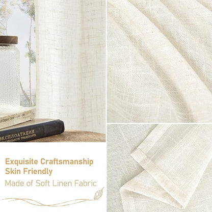 LAMIT Cream Linen Boho Curtains, 80 inch Length, 2 Panels, Light Filtering Semi Sheer, Back Tab and Rod Pocket, Neutral Panels for Bedroom/Living Room, 52 x 80 Inch