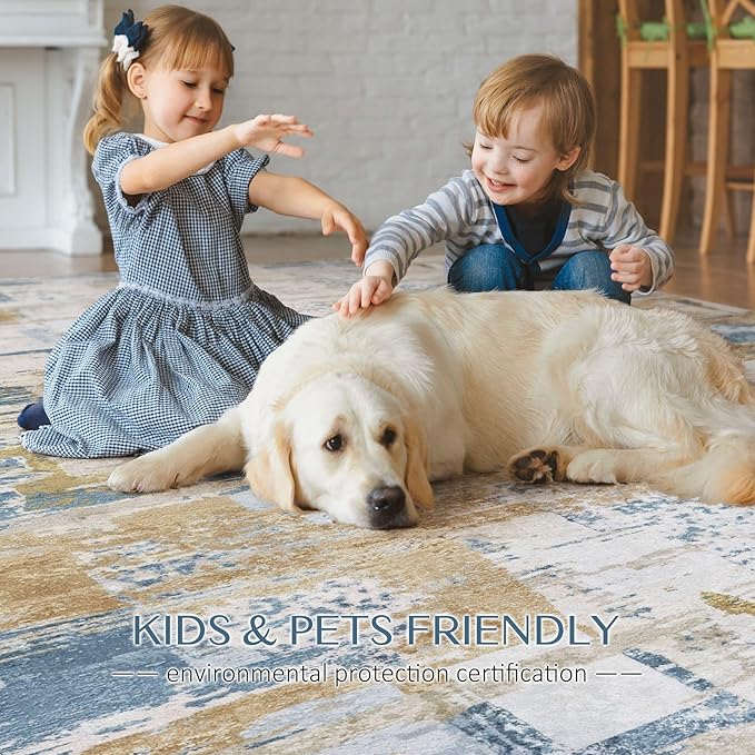 Abstract Living Room Rug 5x7 - Modern Washable Soft Thin Area Rug for Living Room Bedroom Under Dining Table - Neutral Indoor Floor Rug Carpets for Home Office Playroom Nursery - Blue Gold