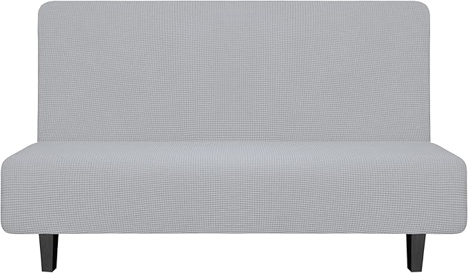 Easy-Going Stretch Futon Sofa Slipcover Armless Sofa Bed Cover Furniture Protector Without Armrests with Elastic Bottom for Kids,Soft Jacquard Fabric Small Checks（Medium Futon,Silver Gray