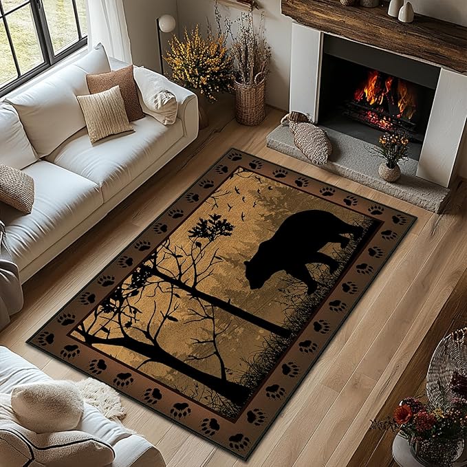 Rustic Area Rug 4x6,Bear Country Cabin Wildlife,Brown Carpets for Living Room,Ultra-Thin Washable Throw Rugs Indoor Vintage Rugs Non Slip Accent Floor Mats for Bedroom,Dining Room,Laundry Room
