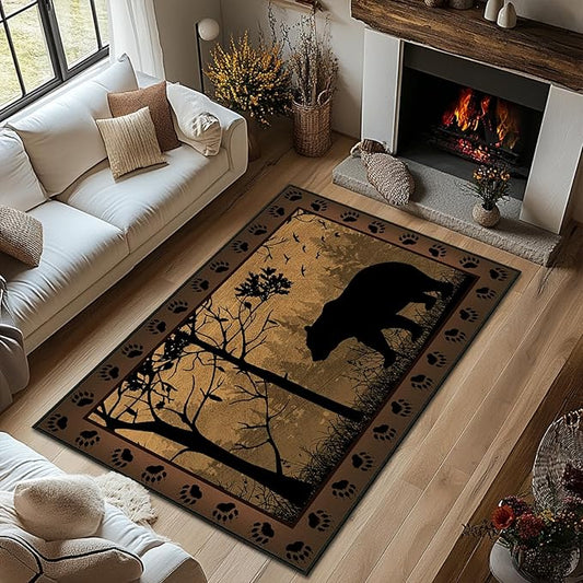 Rustic Area Rug 4x6,Bear Country Cabin Wildlife,Brown Carpets for Living Room,Ultra-Thin Washable Throw Rugs Indoor Vintage Rugs Non Slip Accent Floor Mats for Bedroom,Dining Room,Laundry Room