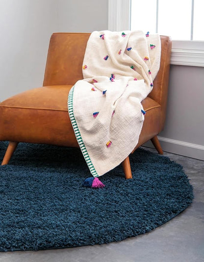 Unique Loom Solid Shag Collection Area Rug (3' 3" Round, Sapphire Blue/ Navy Blue)