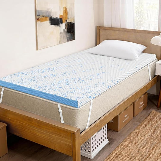 OhGeni 3 Inch Cooling Twin XL Gel Memory Foam Mattress Topper Pad,Washable Bed Cover with Anti-Slip Base,Zipper & Straps,Extra Comfort & Back Pain Relief, Medium Feel,College Dorm Room Essential