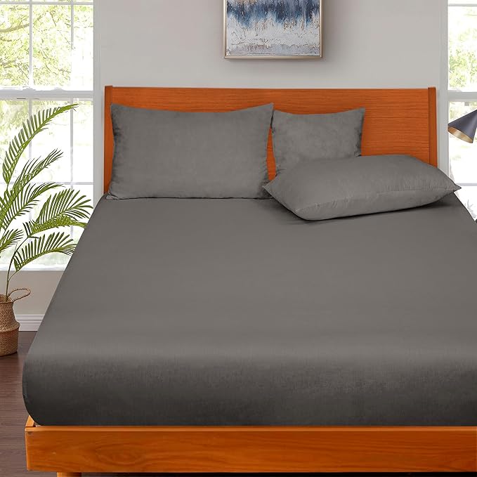 ROYALE LINENS 300 Thread Count 100% Long Staple Combed Cotton Fitted Sheet Twin - Super Soft Deep Pocket Bottom Sheet - Fitted Sheets Only - Elastic Sheets (Twin, Grey)