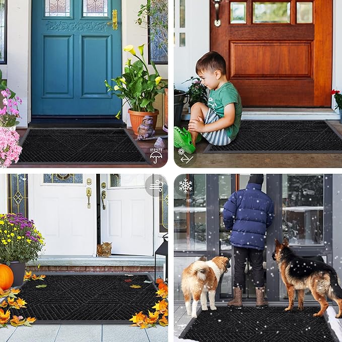 Smiry Front Door Mat Outside Entrance, Heavy Duty Sturdy Natural Rubber Doormat, Trap Dirt and Moisture, Easy Clean Low Profile Mats for Indoor Outdoor Entry, Irregular Triangle (47x24, Black)