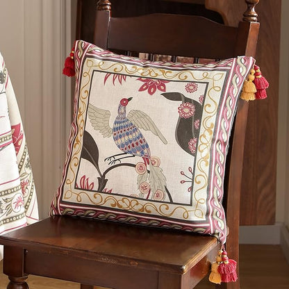 patdrea Designer Throw Pillow Cover 18"x18",Vintage Bird and Floral Pattern Linen Pillows Cover with Red and Yellow Pendant Charms,Square Decorative Pillowcases for Living Room Outdoor,Set of 2
