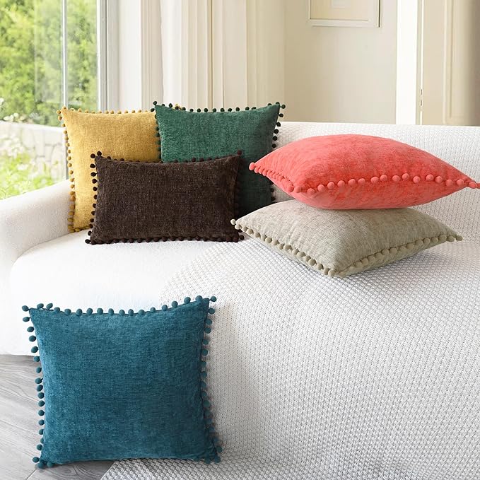 CaliTime Throw Pillow Covers Decorative 22 X 22 Inches Pack of 2 Cozy Solid Dyed Soft Chenille Cushion Cases with Pom Poms for Couch Sofa Bed Living Room Home Taupe