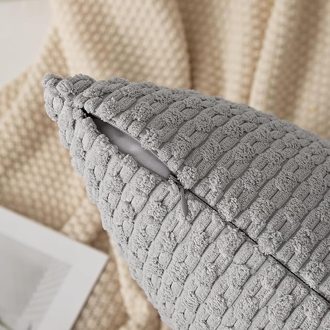 Kevin Textile 14x24 Inch Pillow Cover 1 Pack Boho Decorative Soft Striped Corduroy Lumbar Farmhouse Solid Color Accent Rectangle Cushion Case for Living Room Couch Sofa Bed, Light Grey