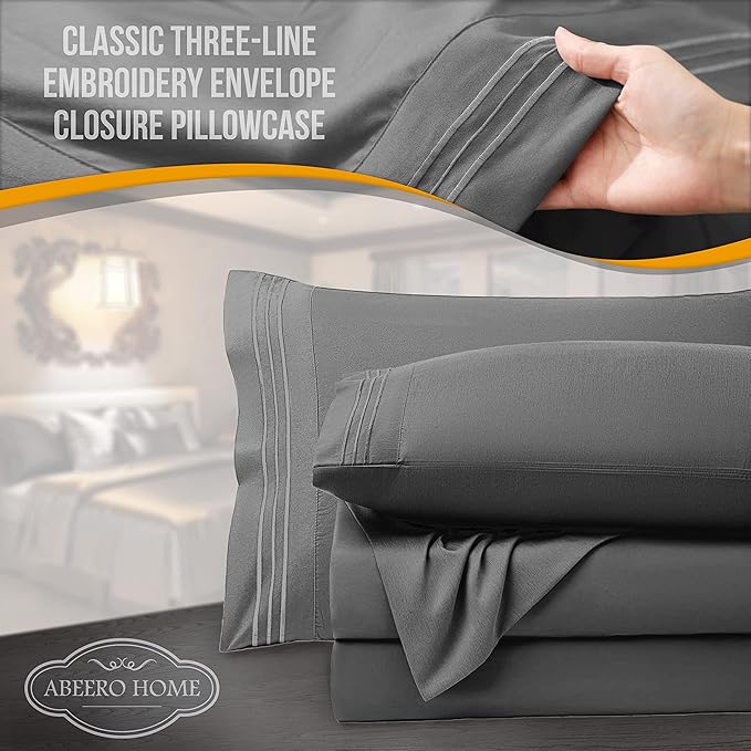 Twin Sheets Set - Luxury Hotel Bed Sheet - Soft Cooling Sheets with Elastic Corner Straps - Deep Pockets Microfiber Bedsheets - Bedding Sheet & Pillowcases Sets - 3 PC (Twin Size, Gray)