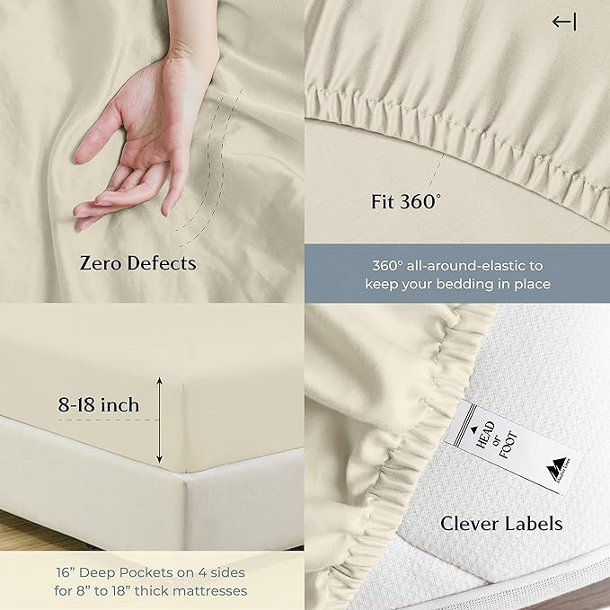 Mayfair Linen 100% Cotton Bed Sheets Queen Set - 500 Thread Count Cotton Sheets for Queen Size Bed, 4 PC Set (Sand), Ultra Soft, Cooling, Sateen Weave 16" Deep Pocket Bedsheet for Hot Sleepers