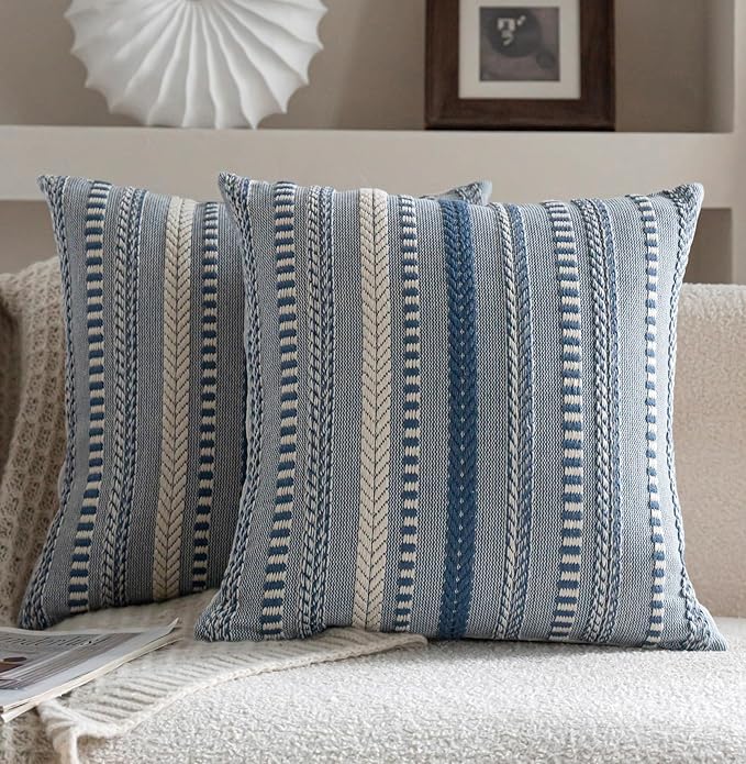 Boho Throw Pillow Covers 20x20 Inch Set of 2, Farmhouse Decorative Couch Pillow Cases, Blue Accent Pillows of Bed, Sofa Bedroom Living Room Home Decor Cushion Cover