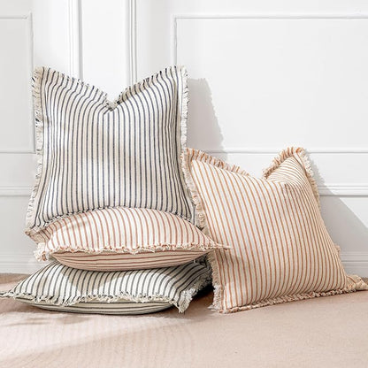 MIULEE Pack of 2 Rust Pillow Covers 24x24 Inch Striped Farmhouse Couch Throw Pillow Covers with Fringe Chic Linen Decorative Cushion Eruo Sham for Sofa Living Room Bed Outdoor Home Decor