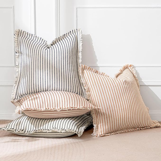 MIULEE Pack of 2 Rust Pillow Covers 20x20 Inch Striped Farmhouse Couch Throw Pillow Covers with Fringe Chic Linen Decorative Cushion Covers for Sofa Living Room Bed Outdoor Home Decor