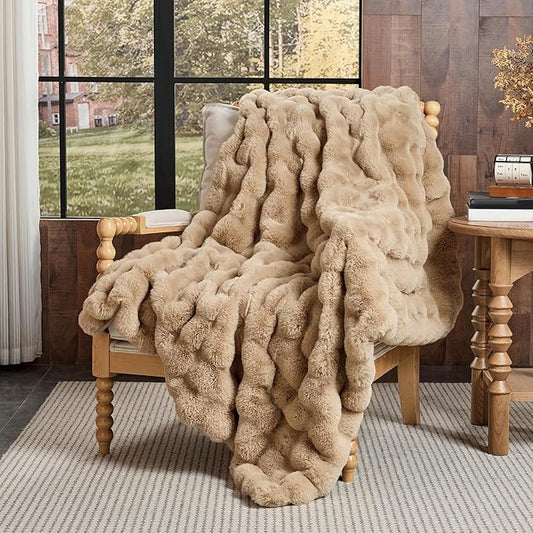 Lotus Karen Queen Size Faux Fur Blanket Khaki - Big Bubble Rabbit Fluff Blanket for Bed, Large Fluffy Fuzzy Cozy Blanket, Thick Furry Plush Shaggy Blankets, 90x90 Inches