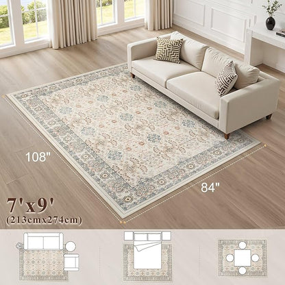 Vintage Living Room Area Rug 7x9 - Large Soft Washable Oriental Traditional Distressed Farmhouse Rugs for Bedroom - Indoor Floor Accent Carpet for Home Office House Decor - Multi