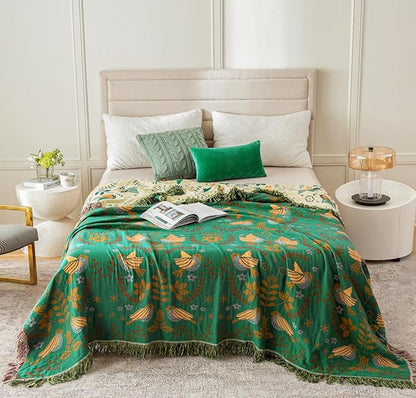 MSGKV Boho Throw Blanket 100% Cotton Green Blanket 90''x 98'' Double Sided Knit Blankets with Tassels Reversible Warm Soft Blanket Throw Blankets for Bed Sofa Living Room