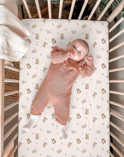 Bassinet Sheet for Baby Boy and Girl 2 Pack, Fitted Sheets for Rectangle, Oval, Hourglass Bassinet Mattress, Muslin Moses Basket Sheets with Neutral Style (Teddy & Friends)