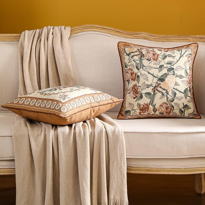 patdrea Designer Vintage Floral Throw Pillow Covers for Couch,Brown Yellow Linen Pillowcases with Bird and Rose Pattern Decorative Square Cushion for Bed Living Room Outdoor Cafe Car,18"x18"