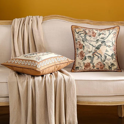 patdrea Designer Vintage Floral Throw Pillow Covers for Couch,Brown Yellow Linen Pillowcases with Bird and Rose Pattern Decorative Square Cushion for Bed Living Room Outdoor Cafe Car,18"x18"