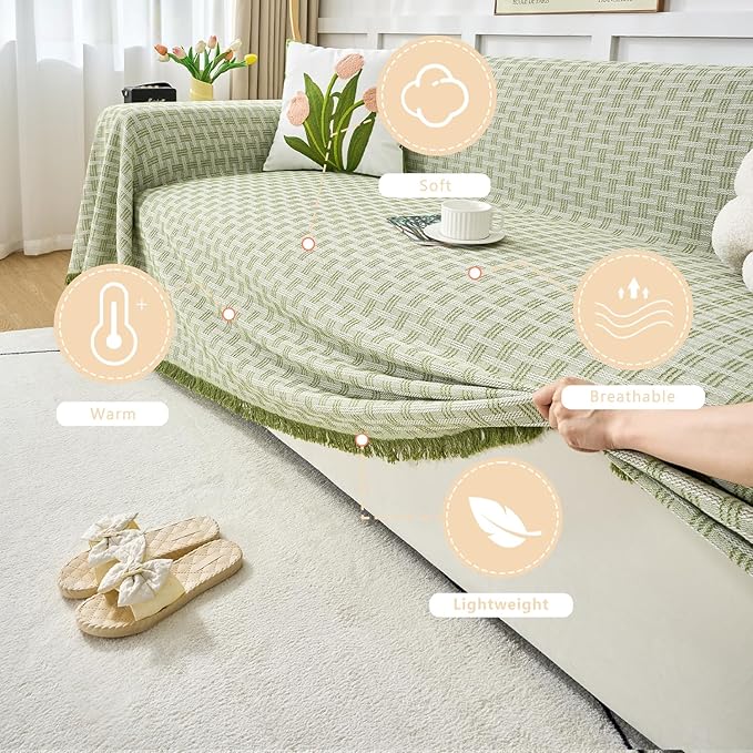 Green Couch Cover Blanket Cute Geometrical Jacquard Washable Sofa Cover for Extra Large Furniture for 3 Cushion Sofa L Shaped Sectional Couch Blanket 71"x 134"