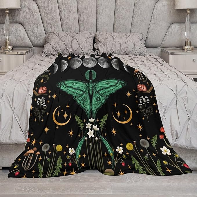 Moon Phase Moth Blanket, Vintage Botanical Mushroom Wildflower Gothic Night Moonlit Mysterious Witchy Throws Blanket for Sofa Bed Couch Chair, 30"x40"