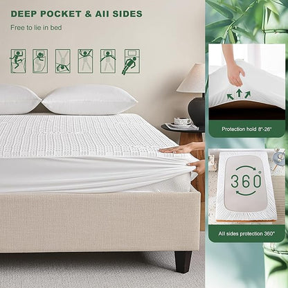 GRT Twin XL Waterproof Mattress Protector, Rayon Made from Bamboo Mattress Cover, Breathable Cooling Soft Mattress Protector, Machine Washable Mattress Pad with 8''- 26'' Deep Pocket