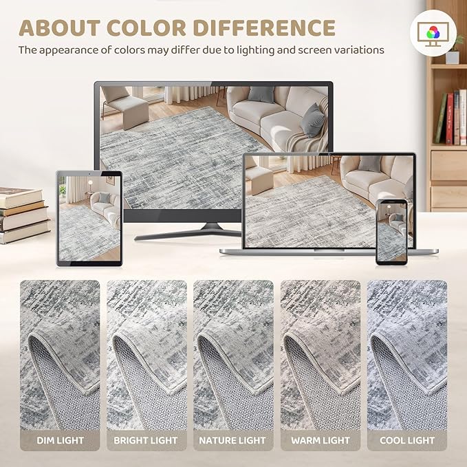 Area Rug for Living Room: 9x12 Washable Neutral Abstract Modern Soft Rugs Non Slip Indoor Floor Stain Resistant Large Carpet for Bedroom Dining Room Office Nursery - Gray